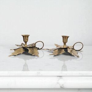 Vintage Brass Leaf Candlesticks: Boho Decor, Made in India